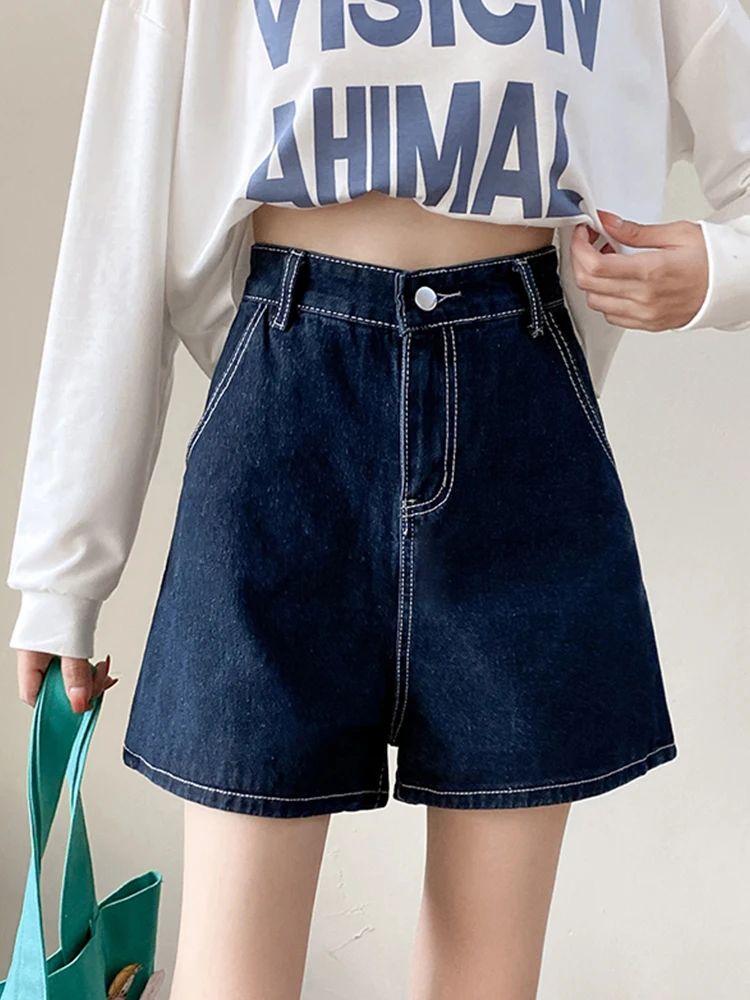 

Ailegogo Spring Summer Retro Blue Wide Leg Straight Denim Shorts Streetwear Female High Waist Button Loose Jeans Shorts Bottoms