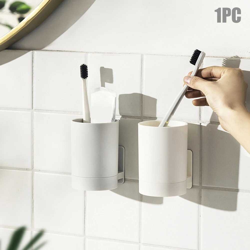 

Bathroom No Drilling Durable Toothbrush Holder Multifunction Easy Install Storage Tooth Mug Solid Bedroom Kitchen Wall Mounted