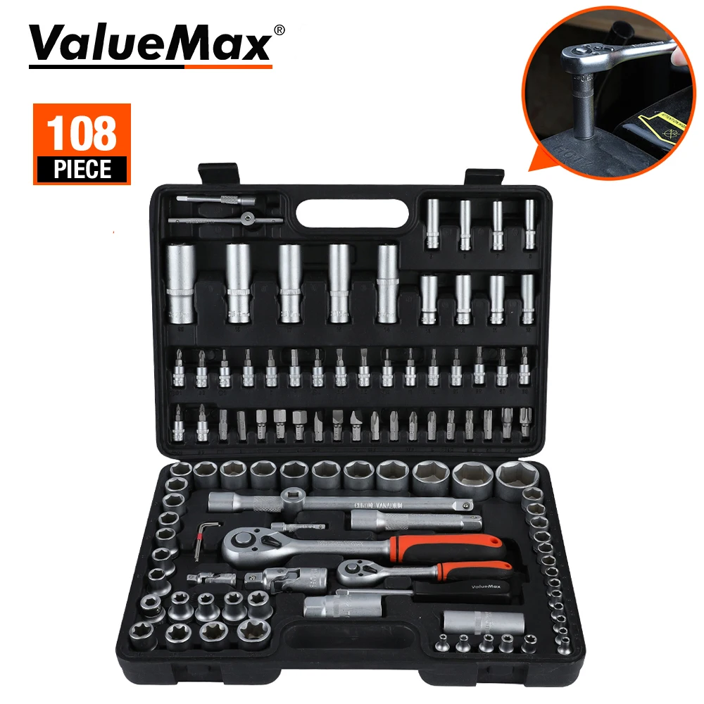 

ValueMax 46-108PC Hand Tool Sets Car Repair Kits Set Workshop Socket Mechanical Tools Box for Home Ratchet Screwdriver Kit