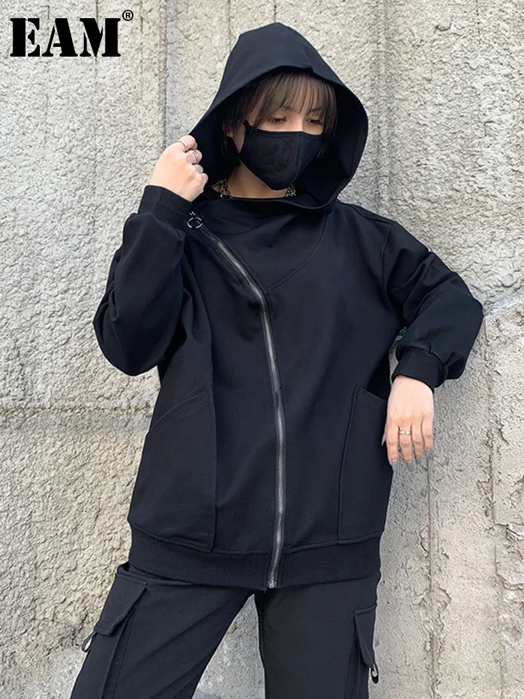 

[EAM] Свободная черная Асимметричная куртка на молнии, новинка, Женское пальто с капюшоном и длинным рукавом, модное весенне-осеннее 2023 1DF4747