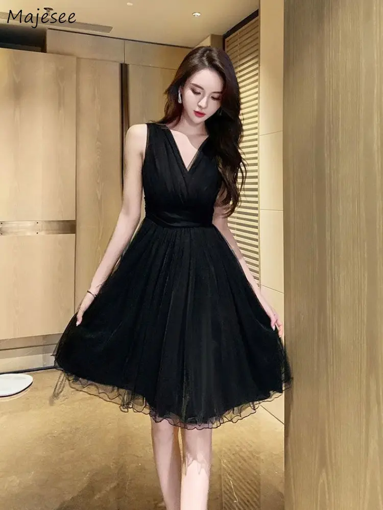 

Женское Сетчатое Платье без рукавов с V-образным вырезом и высокой талией до колена