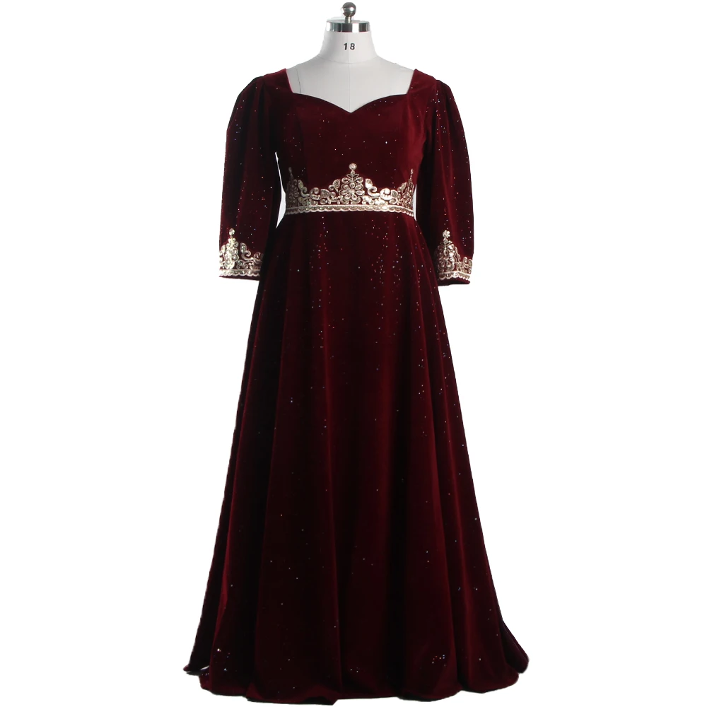 

Evening Dresses Burgundy Velour Golden Appliques Sweetheart Collar Full Sleeves Plus size Lace up A-line Women Party Dress A529