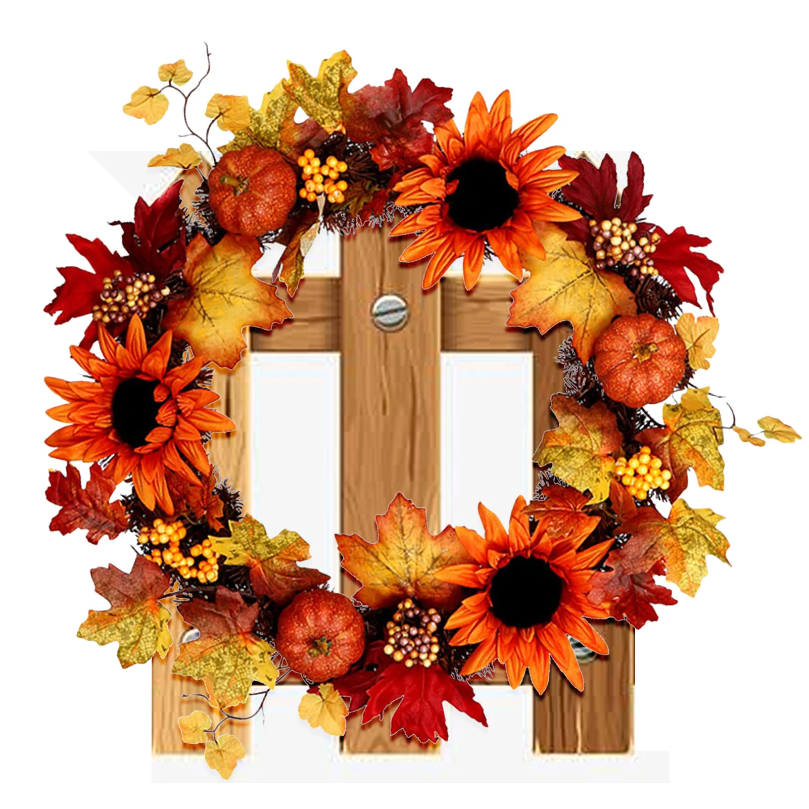 

Праздничное украшение на День Благодарения, Осенний венок с подсолнухами, тыквами, ягодами, кленовыми листьями для входной двери, декор тык...