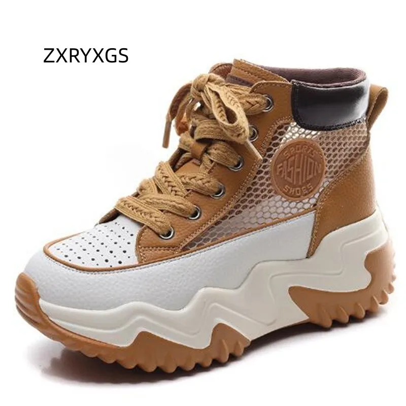 

ZXRYXGS 2023 Summer Lace Up Spell Color Splicing Cowhide Mesh Summer Boots Sneaker Sandals Platform Increase Sandals Woman Shoes