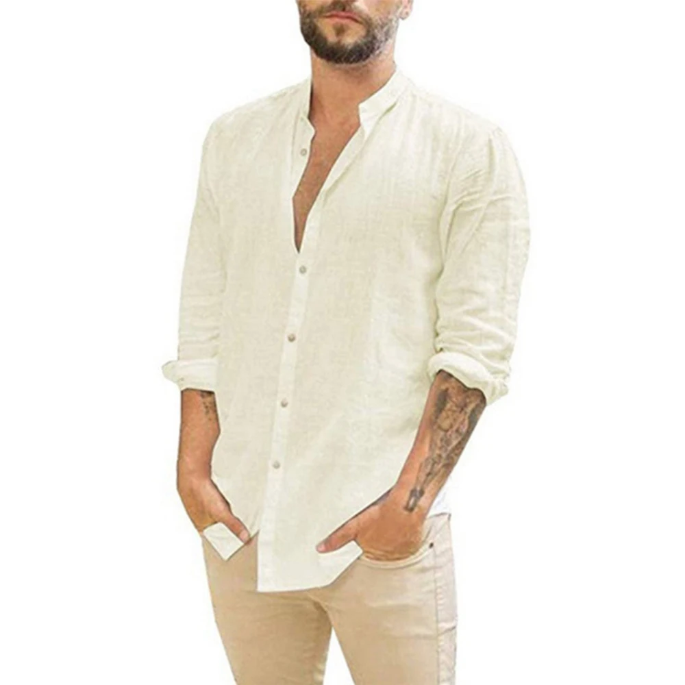 Plus Size 2000 Cotton Linen Hot Sale Men's Long-Sleeved Shirts Summer Solid Color  Stand-Up Collar Casual Beach Style