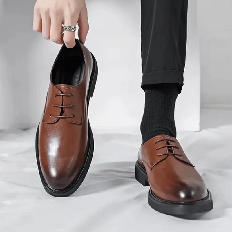 

Business Dress Shoes Men PU Lace-up Thick Sole Simple Style Round Head Solid Color Daily Comfort Groom Shoes Debbie Shoes