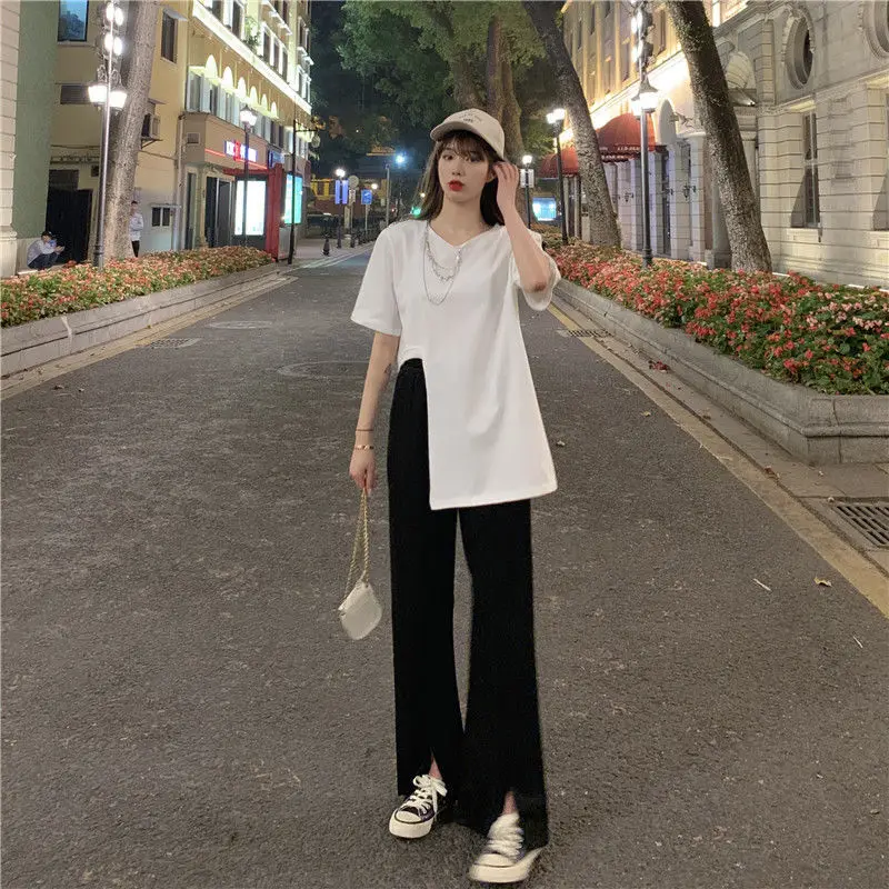 

2023 New Summer Women Fashion Casual O Neck Short Sleeve Solid Shirt + High Waist Loose Wide Leg Long Pants Suit Tops F72