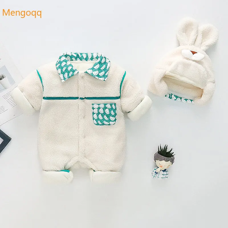 

Mengoqq Infant Baby Girl Boys Autumn Winter Pocket Full Sleeve Thick Plush Smiley Face Warm Single Breasted Hat Romper 0-18M