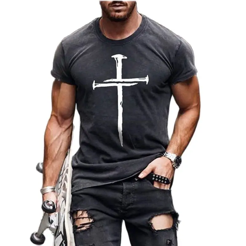 

2022 Men's Summer New Fashion Trend Cross Letters Round Neck Casual Short-sleeved T-shirt
