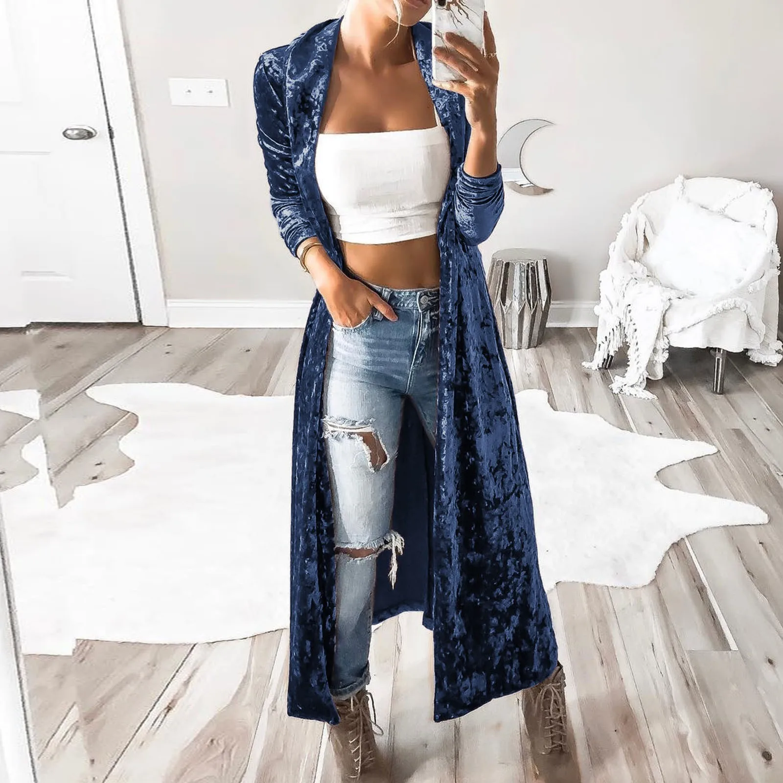 

Long Velvet Cardigan Women Fashion Long Sleeve Windbreaker Coat Cardigan Jacket Coat Ladies Pure Color Fleece Duster Blazer