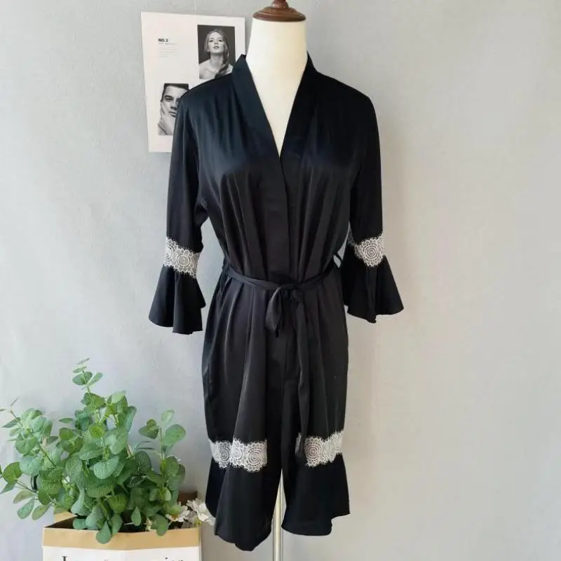 

Sexy Wedding Robe Flared Sleeve Kimono Bathrobe Gown Women Silk Satin Sleepwear Nightgown Patchwork Lace Casual Home Dress