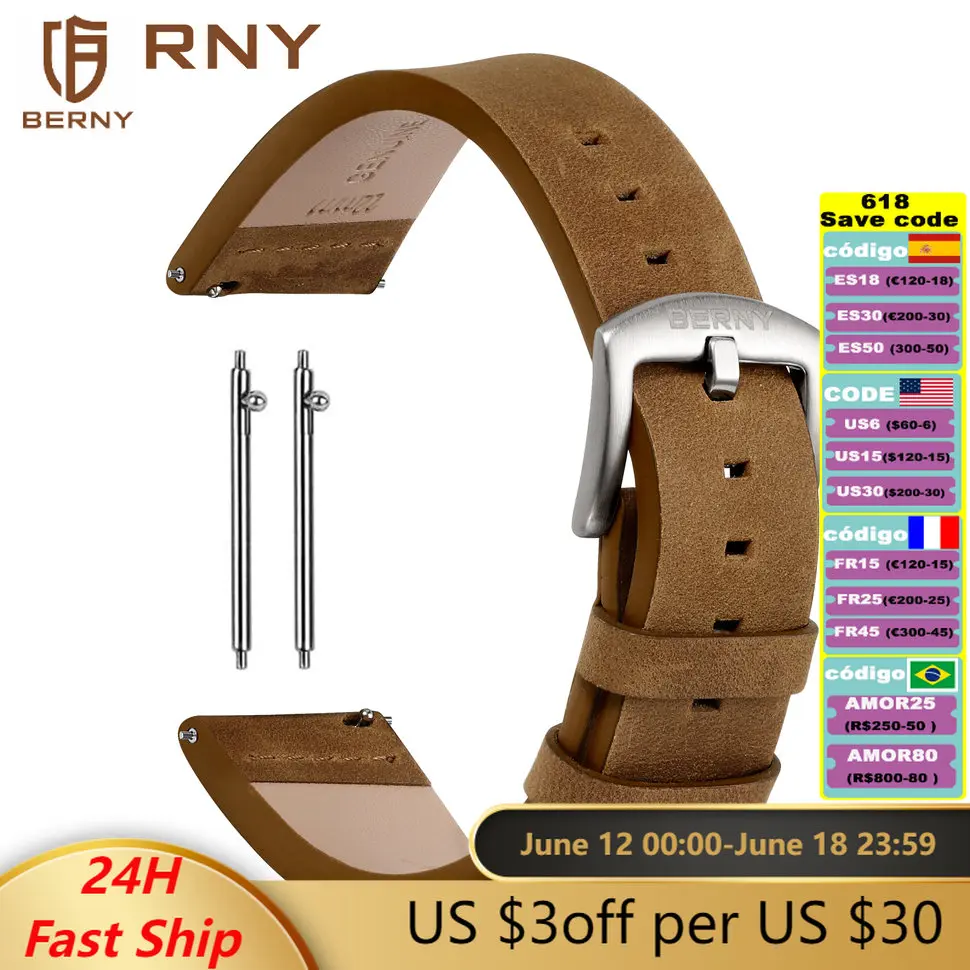 BERNY Oil Impregnated Leathers Watchbands 18/20/22mm Hight quality Watch Strap Watch Band Watch Accessories Black/Blue/Brown