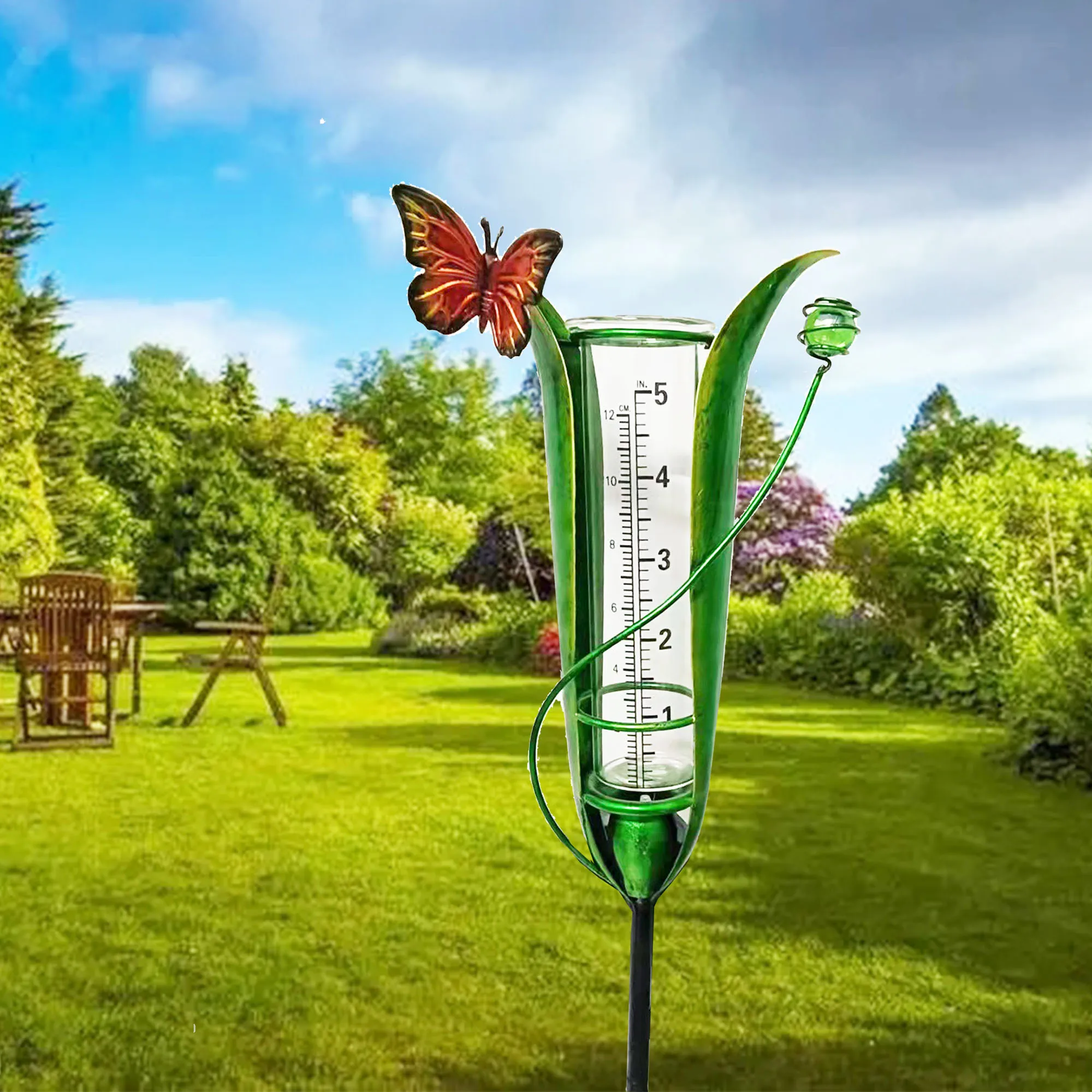 

Rain Gauge Outdoor Metal Butterfly Pile Rain Gauge with Solar Lights Decorative Rain Measure Gauge for Garden Yard Lawn with Lar