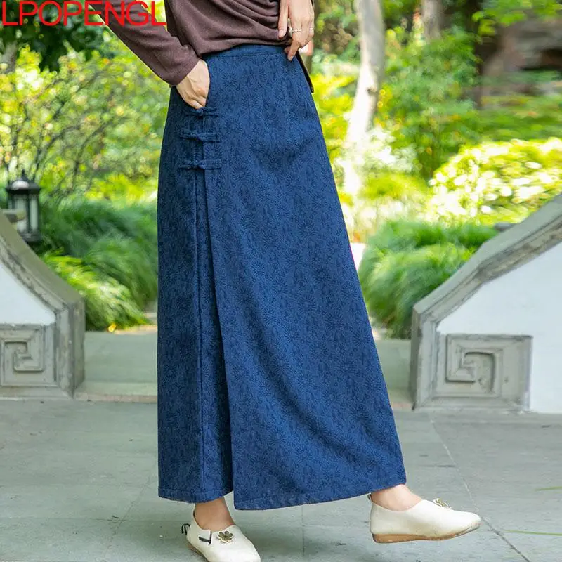 Женская винтажная юбка из хлопка и льна однотонная длинная трапециевидная