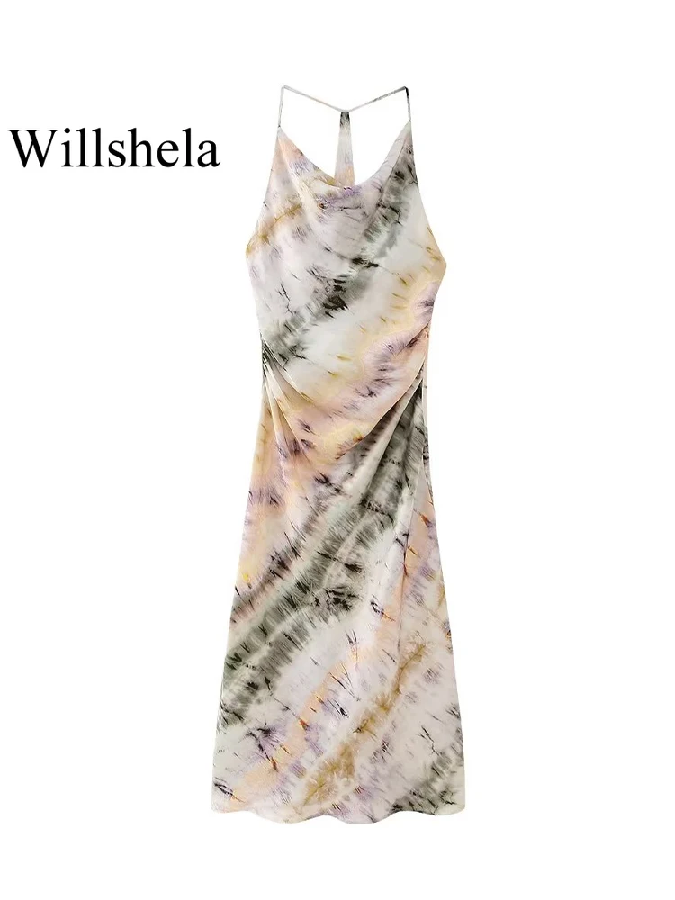 

Willshela женское модное плиссированное платье миди на молнии сбоку с принтом в виде галстука-красителя винтажное женское платье с лямкой на шее