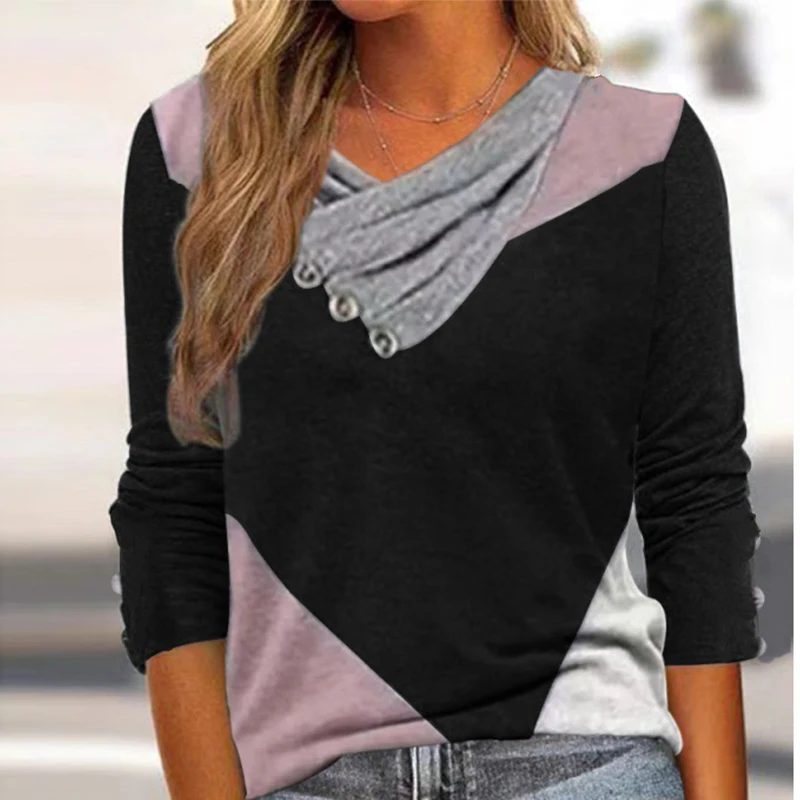 

Женский Асимметричный пуловер, модный контрастный цвет, Женская винтажная рубашка с длинным рукавом и блочным принтом, блузки на весну и осень