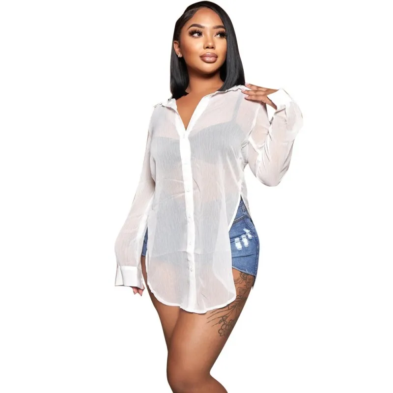 

Long Shirts Blouses Women Single Breasted Side Split Tops Summer New Fashion Solid Sexy Casual Homewear Female Blusa Tops Tunics