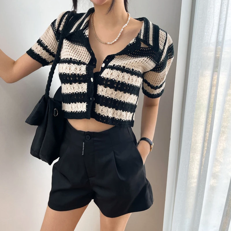 

QOERLIN Turn-Down Collar Single-Breasted Striped Cardigans Summer Short Sleeve Cropped Tops Blue Hollow Out Fashion Sweater