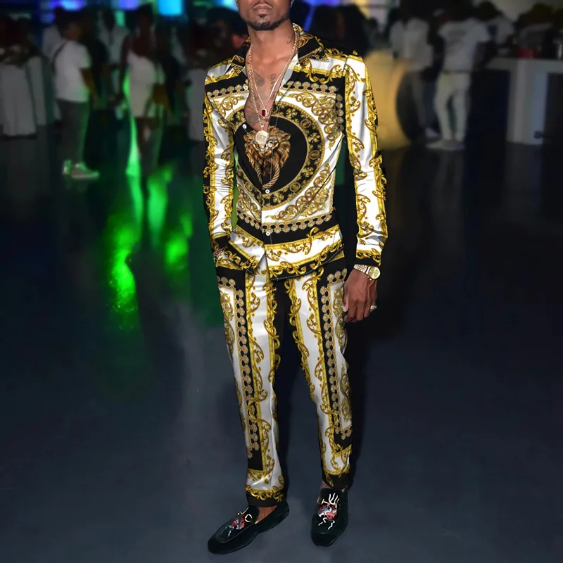 Spring Men's 3D Retro Harajuku Long-Sleeved Shirt With Trousers Two-Piece Set Sportswear Spring Style Male Shirts Casual Pants