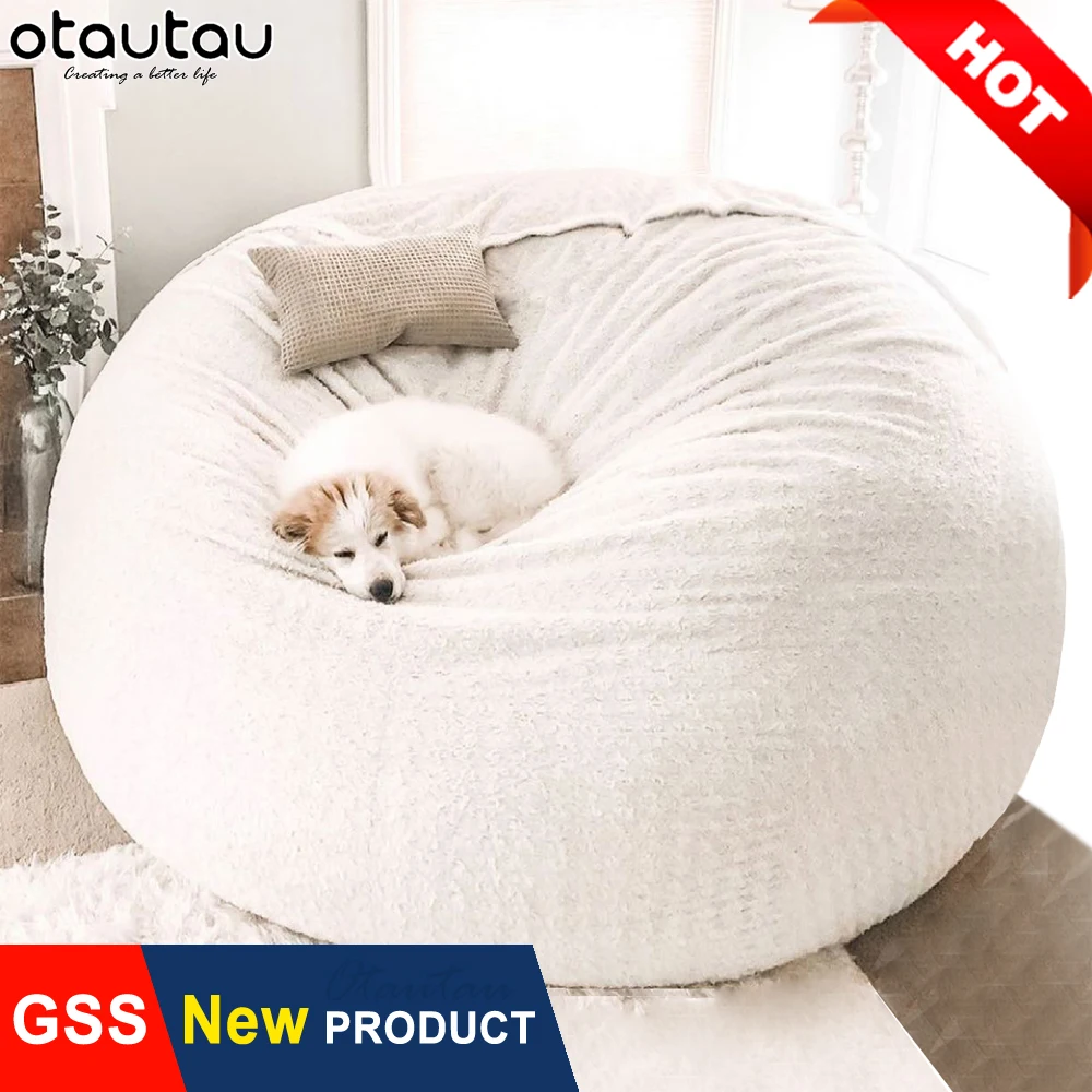 

King Queen White Giant Sofa Sac Cover Bean Bag Couch Beanbag Chair Pouf Futon Soft Velvet Faux Fur Puff Recliner Furniture