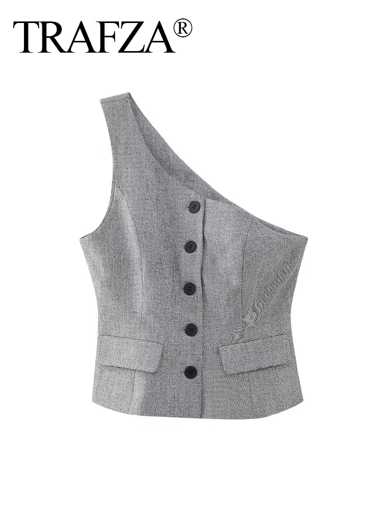 

TRAF ZA 2023 Female Autumn Asymmetrical Tops Grey Slant Collar Sleeveless Pockets Single Breasted Autumn Vests Woman Trendy