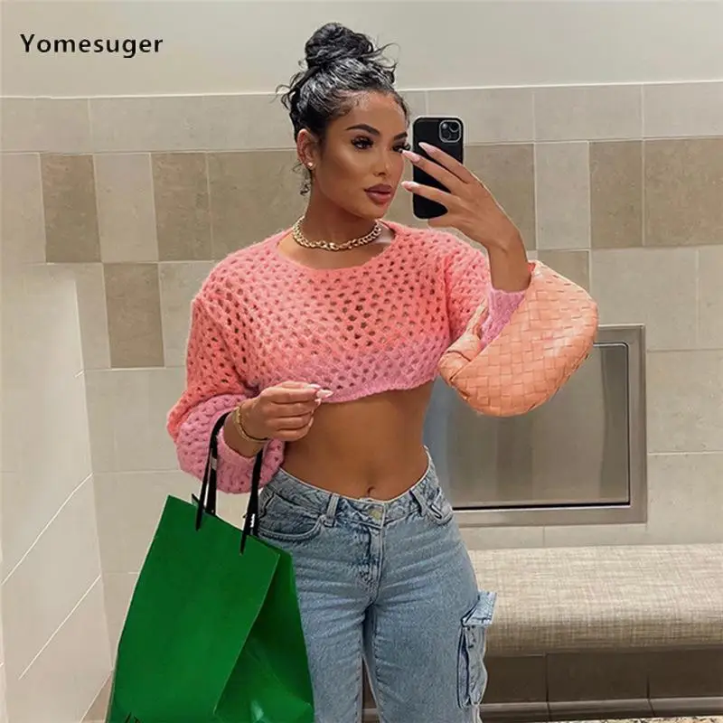 

Yomesuger Fashion Hollow Out Knit Pullover Women Sexy O-Neck Long Sleeve See Through Bare Midriff Sweater 2024 Spring Streetwear