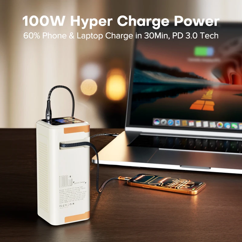 Фото Портативная зарядная станция QOOVI 50000 мАч с быстрой зарядкой PD 100 Вт, большой емкостью аккумулятора для iPhone, ноутбуков, Samsung, Xiaomi №3