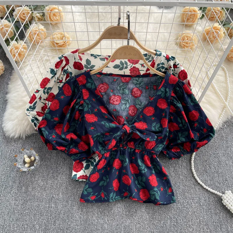 

Vintage Floral V-neck bubble sleeve shirt women's summer 2022 new short top fashion blusas mujer de moda 2022