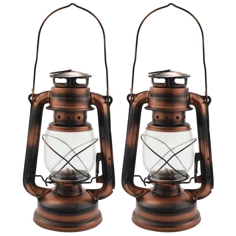 

Hot 2Pcs 25Cm Iron Antique Bronze Oil Lanterns (Cover) Nostalgic Portable Outdoor Camping Lamp Leak Proof Seal Camping Light