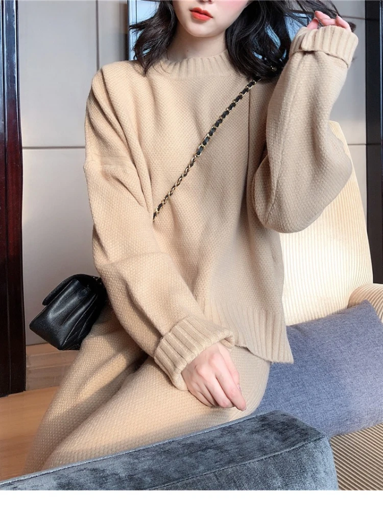 

Thickened Wool Round Neck Knitted Cashmere Sweater Wide-Leg Pants Two-Piece Casual Raglan Sleeve Elastic Waist Side Slit Pants