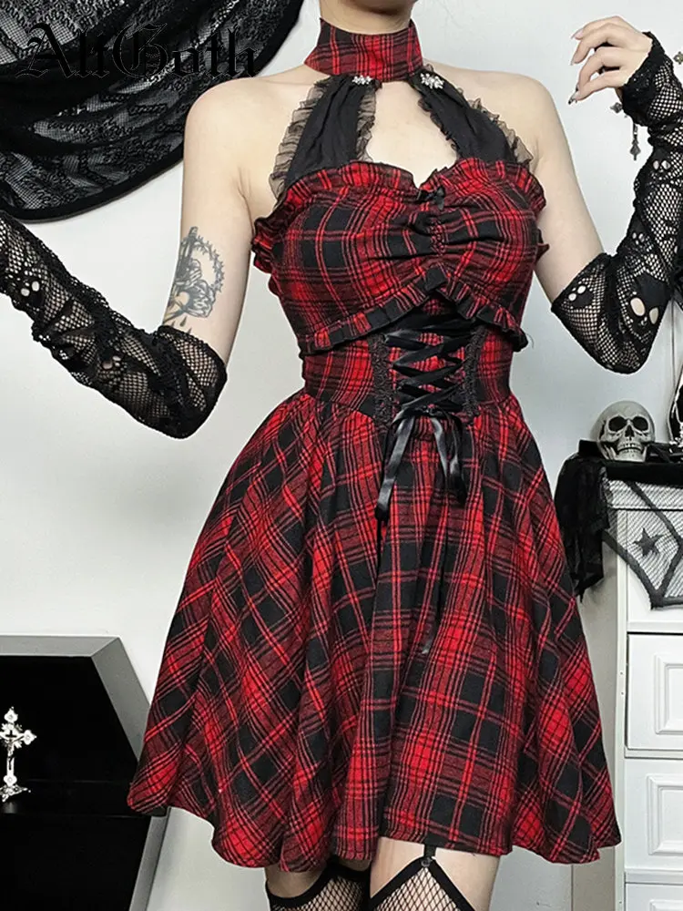 

Fairycore Grunge Gothic Plaid Dress Women Vintage Elegant Cyberpunk Y2k Lace Patchwork Halter Red Bandage Corset Dress