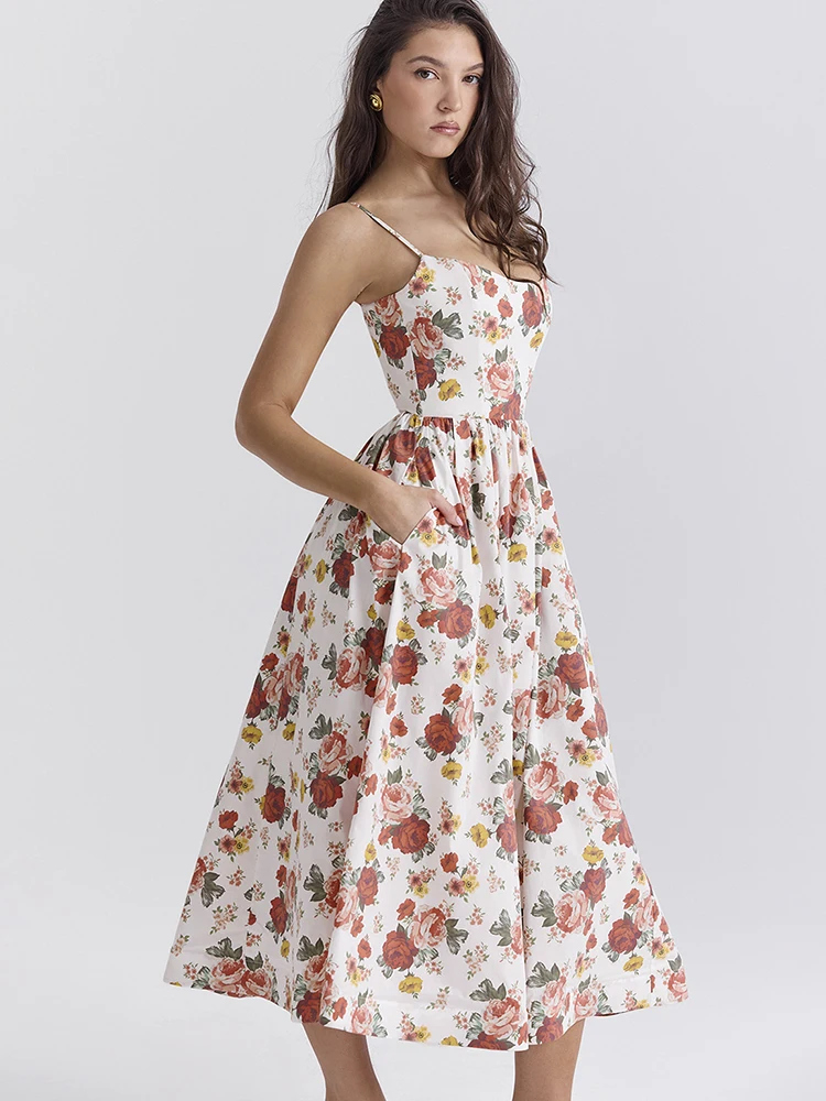 Женское летнее сексуальное платье миди с цветочным принтом и открытой спиной