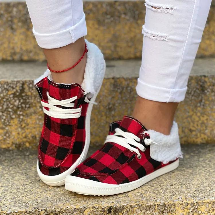 Christmas Canvas Shoes for Women Winter Warm Plush Lace Up Casual Flat Sneakers Fashion Outdoor Sport Ladies Vulcanized Shoes