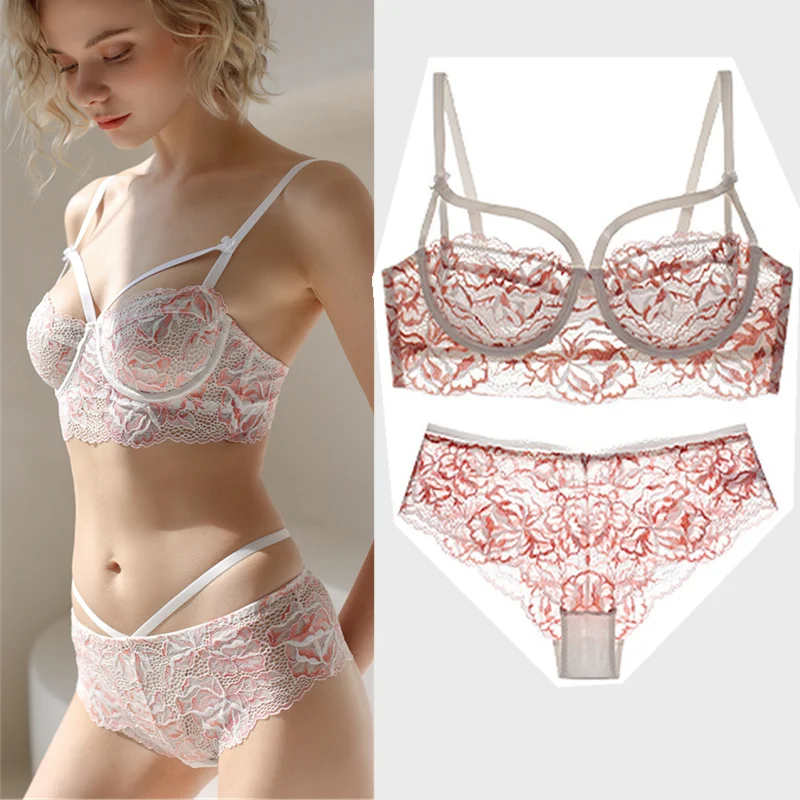 

Women Sexy Lace Bra Set Ultra-Thin Thick 3/4 Molded Cups Gathering Plus Size Lingerie Panties Grils 8002