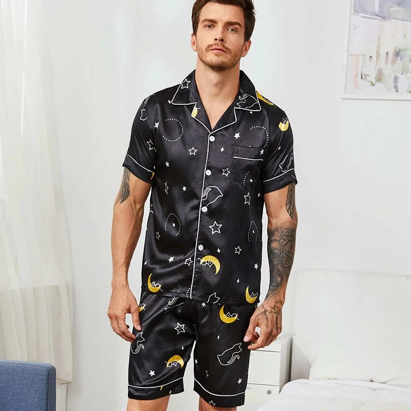 Men's Loungewear Lapel  Print Satin PJ Set Pajamas Set Home Sleepwear Two Piece Set Women's Loungewear Plus Size 2022 New
