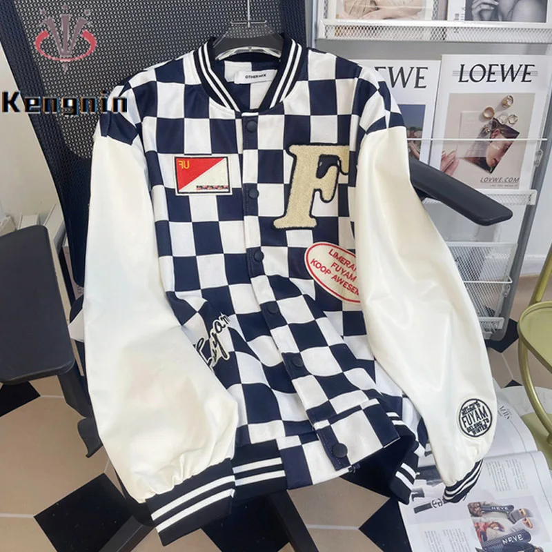 

Plus Size Women Autumn Jackets 2022 Ins Baseball Bomer Print Plaid Patchwork Lady Outerwear Loose Female Clothes Coats KE2911