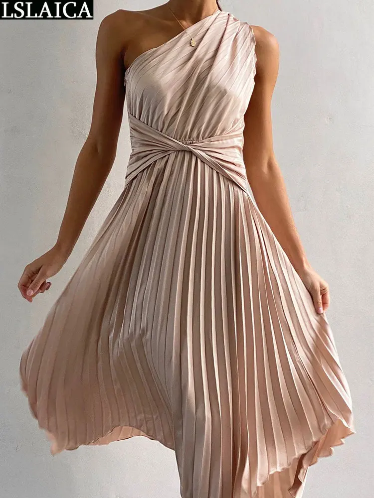 

Big Swing Evening Dress Lady Pleated Women's One Shoudler Long Solid Color Summer Irregular Hem High Waist Dresses 2023 Elegant