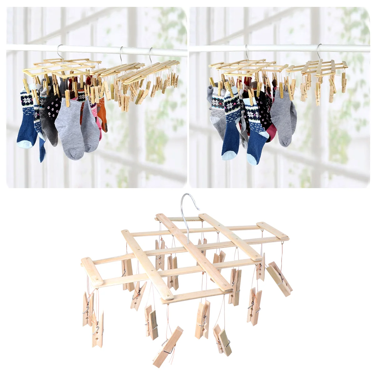 

Hanging Clothes Drying Rack 16 Pegs Swivel Hooks Bamboo Sock Windproof Clothespin Baby