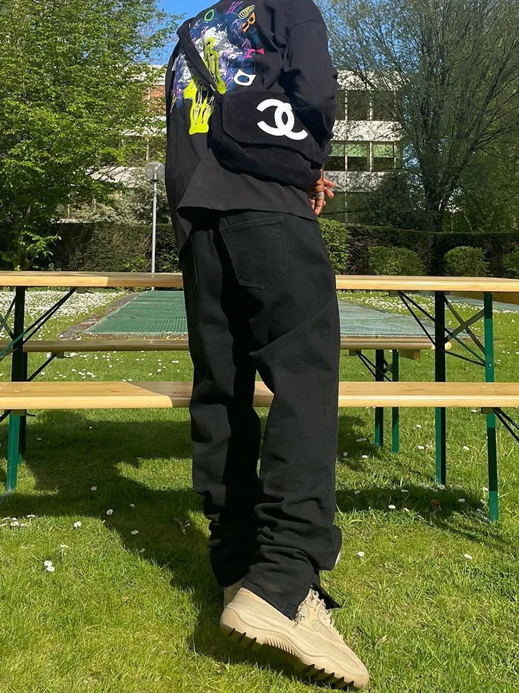 New Trendy Black Baggy Jeans Men Y2K Fashion Skeleton Embroidery Casual Trousers Streetwear Loose Straight Leg Split Denim Pants