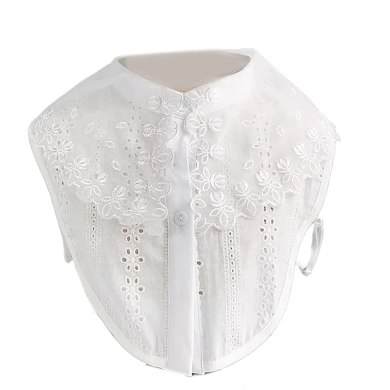 

Women Lapel Organza Embroidery Faux Collar Hollow Out Floral Lace Half Shirt