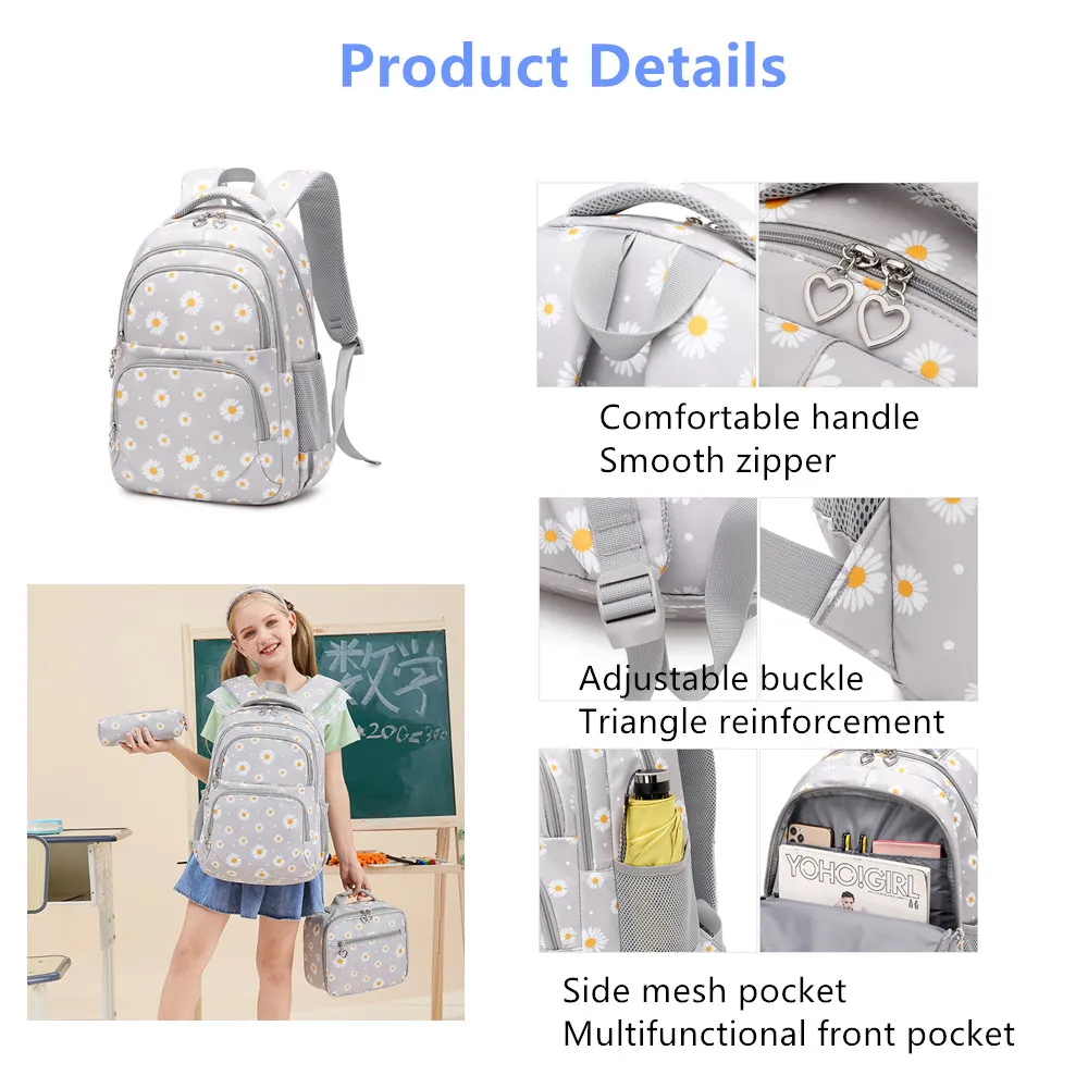 Girls Backpacks Cute Daisy Printing Elementary School Bag Grey Princess Back Pack with Lunch Case Kids Casual Daypack Satchels