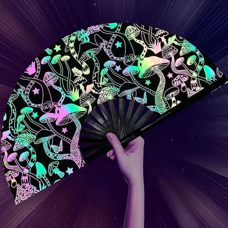 

Hand Fan Reflective Festival Hand Fan Bamboo Foldable Glow Rave Fan Large Clack Hand Fan Glitter Props Dance Party Fan