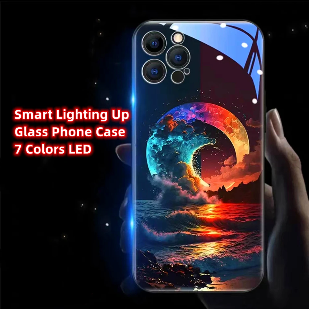 Фото Стильный чехол для iPhone Air 17 16 15 14 13 12 11 Pro Max Plus с дизайном «Лунный океан», умной LED-подсветкой и закаленным стеклом №1