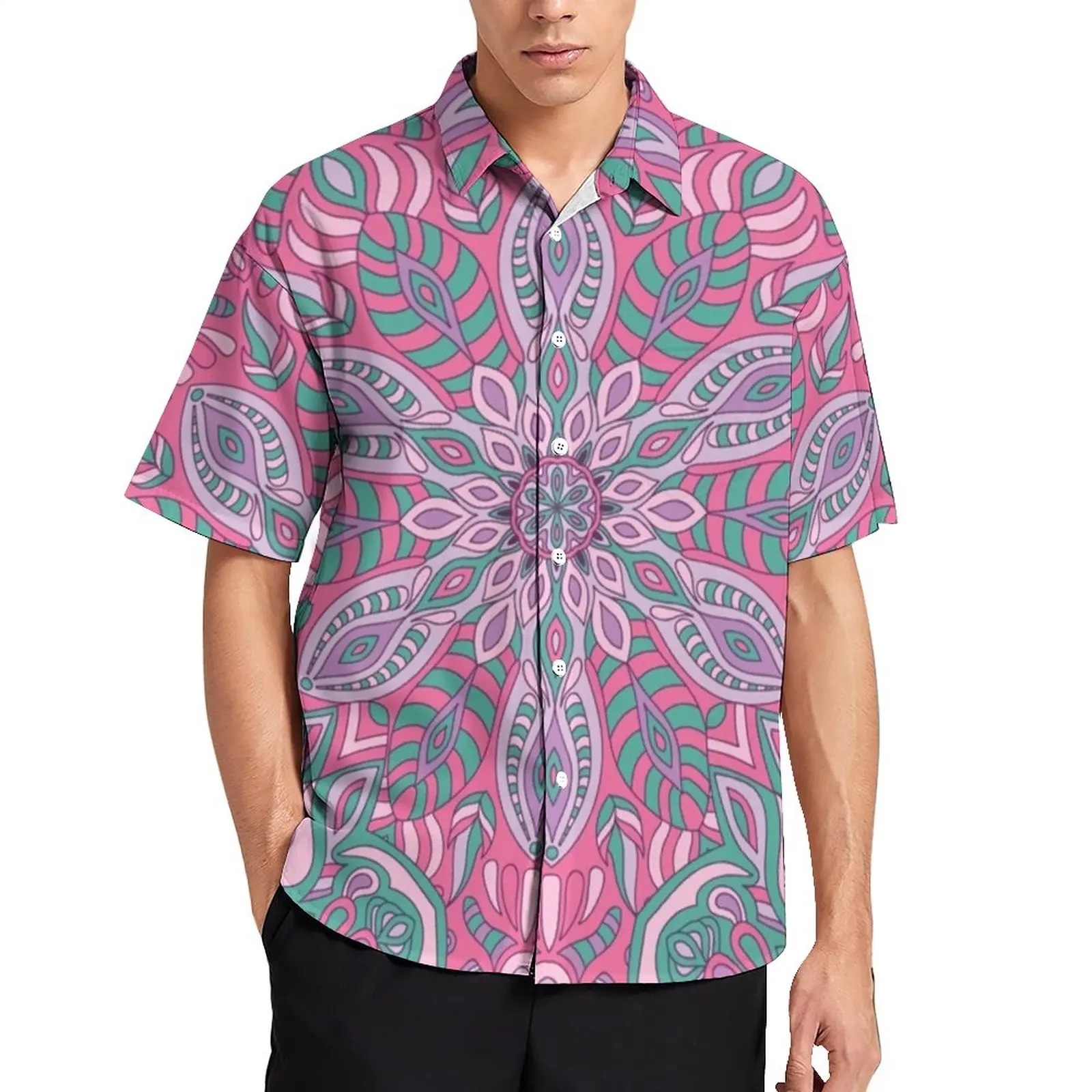 

Retro Bohemia Print Blouses Mens Pink Mandala Casual Shirts Hawaiian Short-Sleeve Graphic Y2K Oversize Beach Shirt Gift Idea