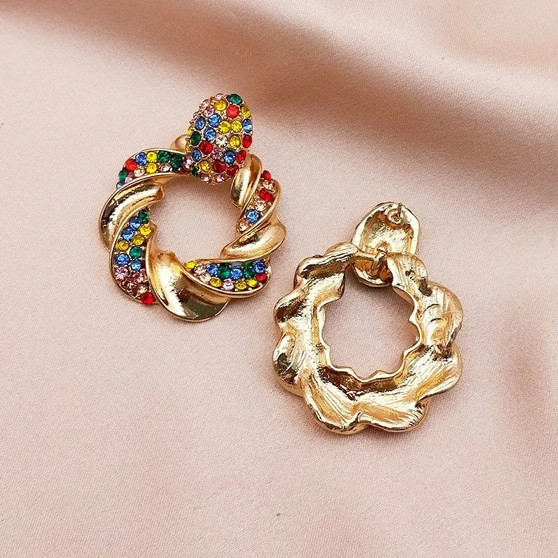 Colorful  Earrings Exaggerated Gold Alloy Rhinestone Earrings Rhinestone Earrings Retro Geometric Colorful Round Ring Earrings