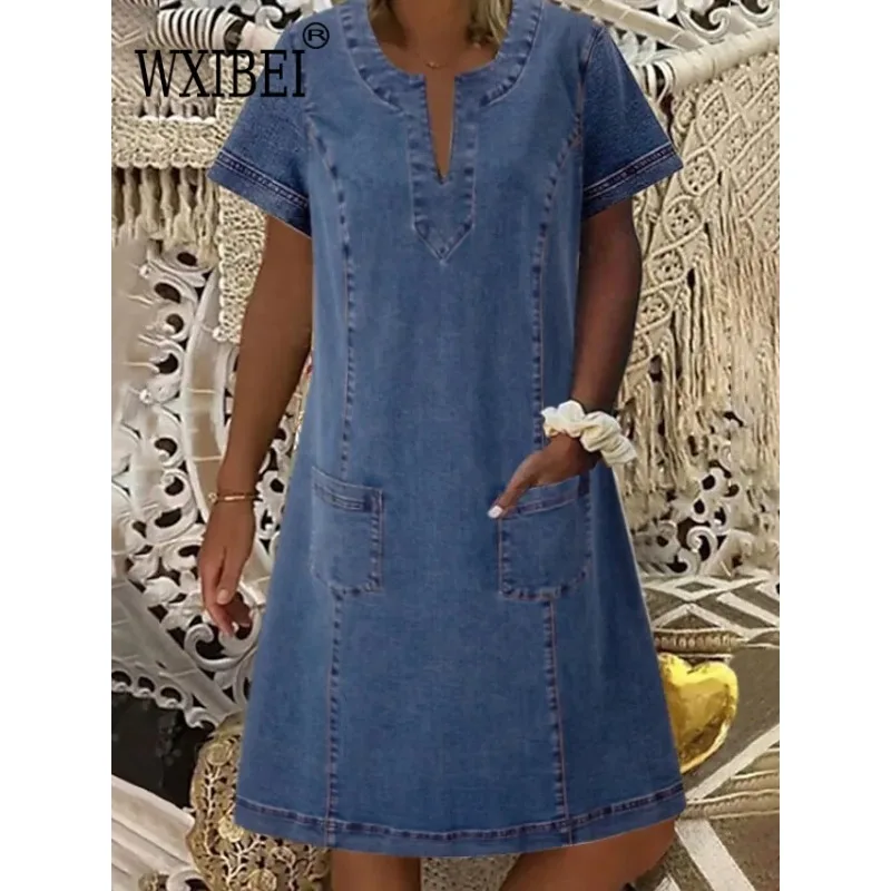 

WXIBEI Summer Women Denim Dresses 2023 New Arrival Short Sleeves Loose A-Line Dresses V-neck Pockets Solid Denim Dresses FC903