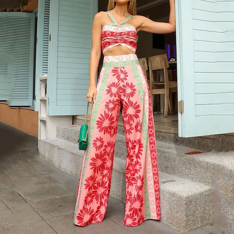 

LIYONG Women Two Piece Set Fashion Printing Sling Sleeveless Leaky Back Top Casual Loose Wide Legs Pants Sets High Streetwear