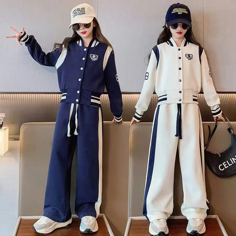 

Junior Girls' Clothing Baseball Jersey Sports Suit Spring and Autumn Kid's Printed Letter Jacket Trousers 2 Piece Set 3-15Y
