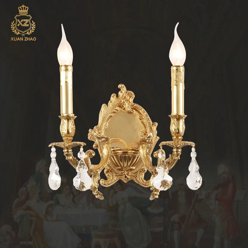 

XUANZHAO French Double-Headed Wall Lamp Full Copper Crystal Living Room Aisle Corridor Lighting Villa Hall Bedroom Bedside Lamps