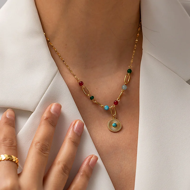 

French Vintage INS Necklace Gold Color Stainless Steel Inlaid with Turquoise Pendant Elegant Luxury Necklace Women New Design